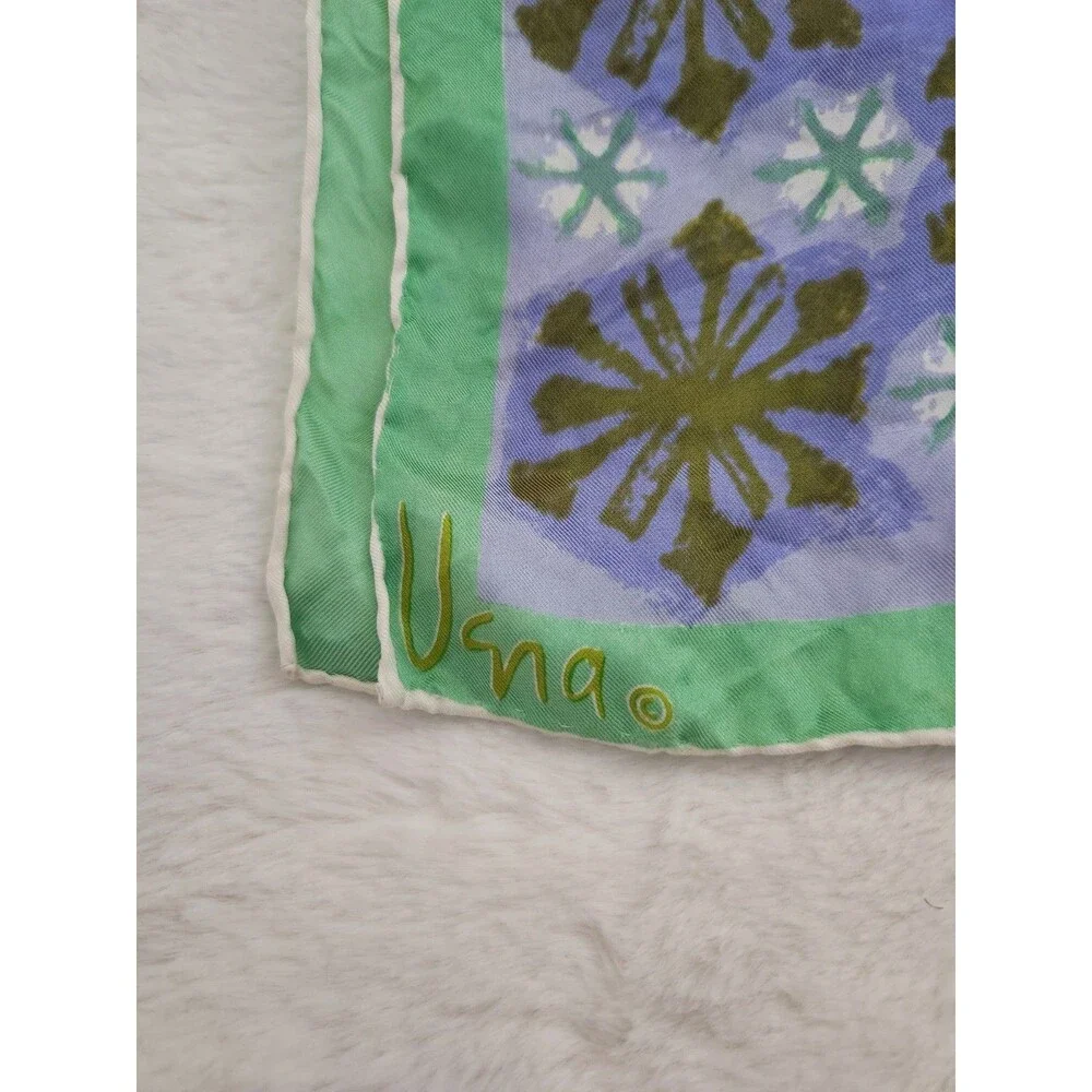 Vintage Vera Neumann Silk Scarf HandRolled Green Blue 60-70's Flower Geo Design
